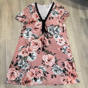 Lace Up Floral Dress - L